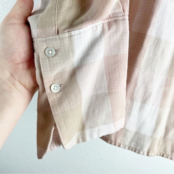 Joie Dia Plaid Balloon Sleeve Split Neck Cotton Blouse Cream Pink Large - Picture 6 of 7